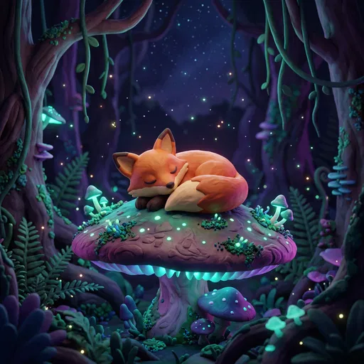 Sleeping Clay Fox on Glowing Mushroom