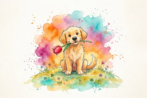 Watercolor Golden Retriever Puppy With Tulip