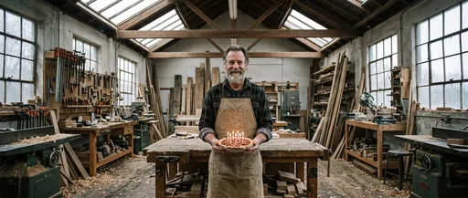 Bearded Craftsman Holding Birthday Pecan Pie