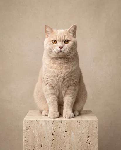 Cream British Shorthair Cat on Stone Plinth