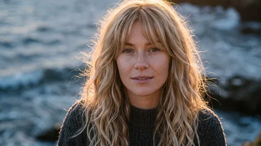 Blonde Woman With Wavy Hair By Ocean