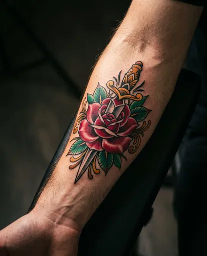 Neo-Traditional Rose and Dagger Forearm Tattoo