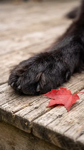Black Dog Paw Beside Red Maple Leaf