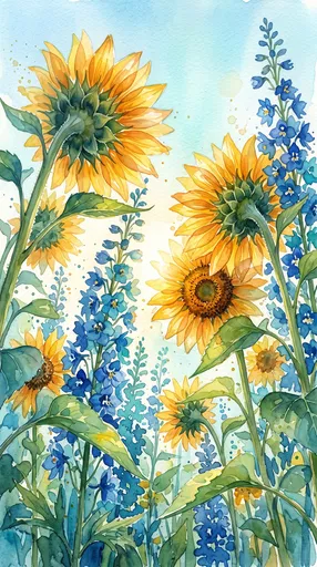 Watercolor Sunflowers and Blue Delphiniums