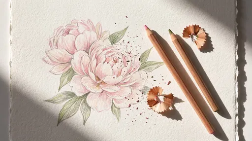 Colored Pencil Peony Sketch Flat Lay