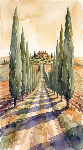 Watercolor Cypress Avenue Leading to Farmhouse