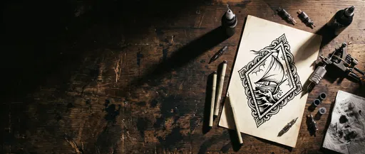 Nautical Sail Tattoo Flash on Workbench