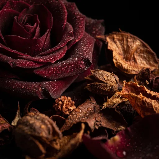 Dark Burgundy Rose and Dried Botanicals Macro