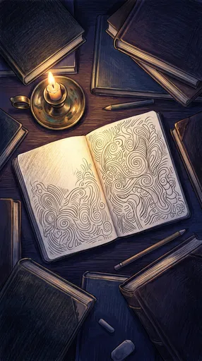 Open Sketchbook Illuminated by Candlelight Among Books