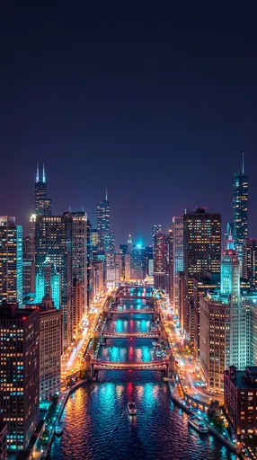 Vibrant Nighttime Chicago Skyline and River