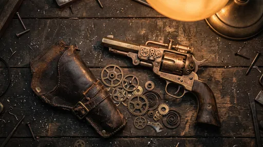 Steampunk Brass Revolver on Wooden Workbench
