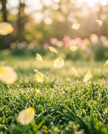 Yellow Petals Floating Over Dewy Grass