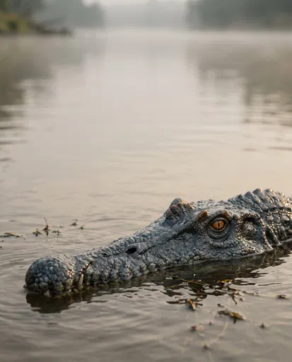 Reptile Snout Emerging From Calm River