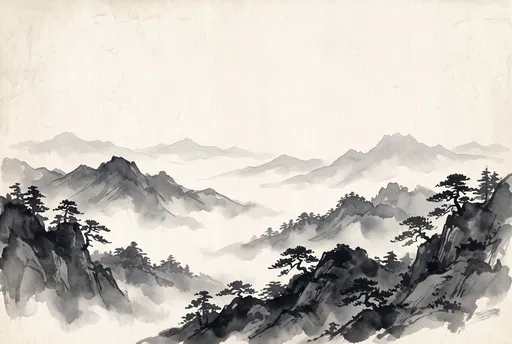 Sumi-e Ink Wash Misty Mountain Landscape