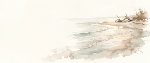 Watercolor Beach Shoreline With Driftwood Copy Space
