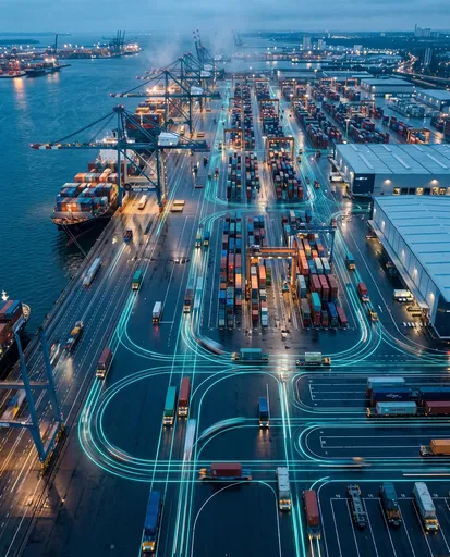 Aerial Smart Port with Glowing Pathways