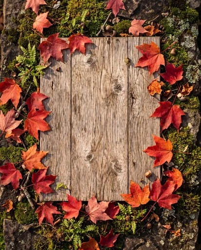 Autumn Leaves Framing Rustic Wooden Board