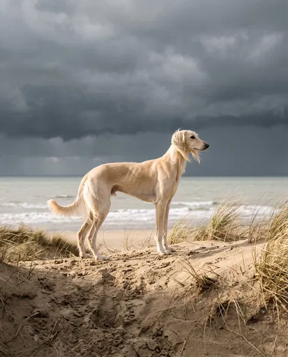Cream Saluki Hound on Stormy Dune