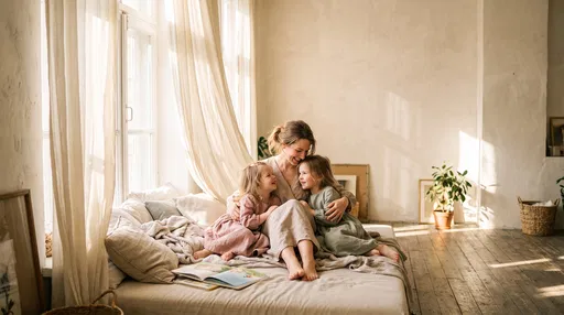 Mother Hugging Two Daughters in Sunlit Room