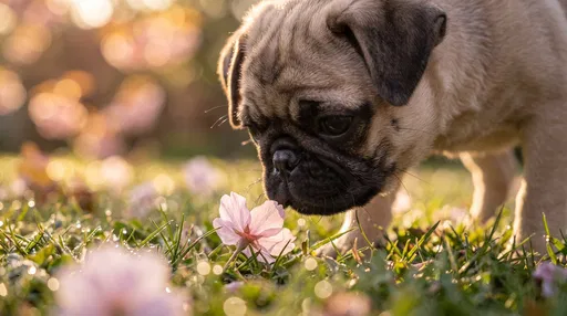 Pug Puppy Sniffing Pink Flower in Grass