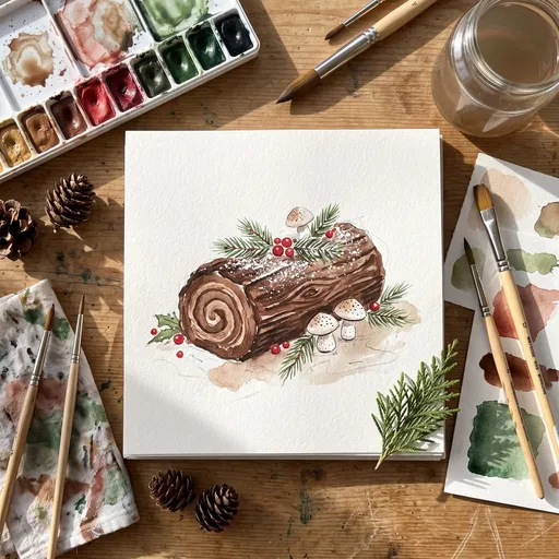 Watercolor Yule Log Cake Illustration Flat Lay