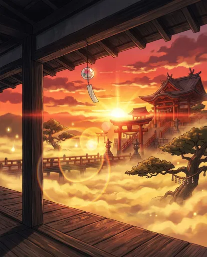 Anime Shrine in Golden Sunset Mist
