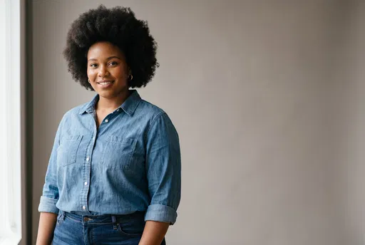 Smiling Woman in Chambray Shirt