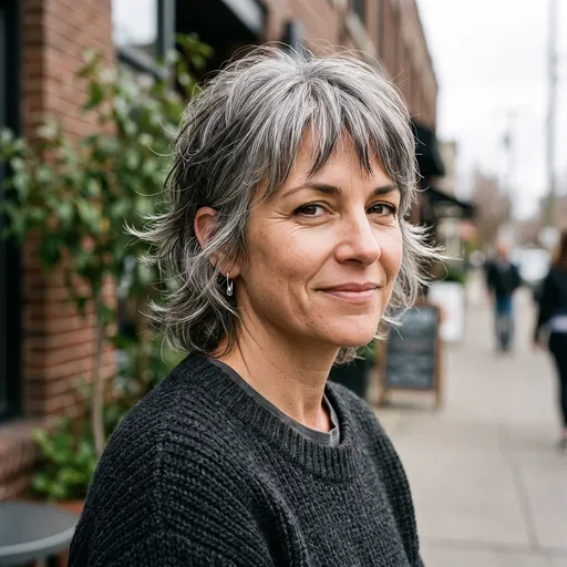 Woman with Salt and Pepper Pixie Haircut