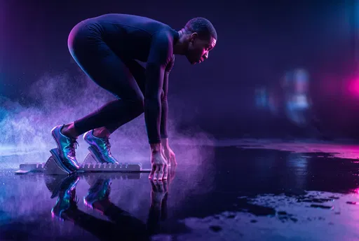 Sprinter in Starting Blocks Under Neon Lights