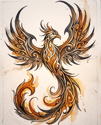 Tribal Phoenix Watercolor Tattoo Illustration