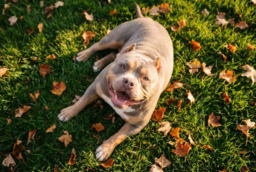 Smiling American Bully on Autumn Lawn
