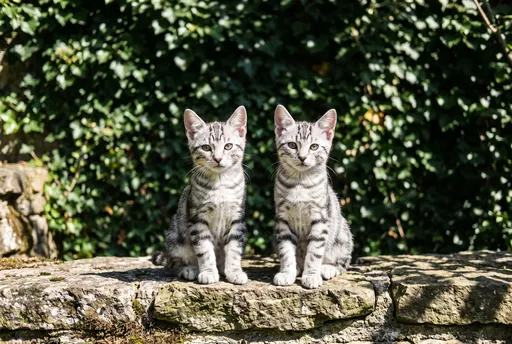 Two Silver Tabby Kittens on Stone Wall