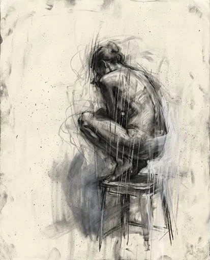 Charcoal Figure Crouching on Stool