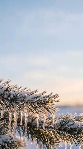 Frosted Pine Branch With Icicles At Sunset