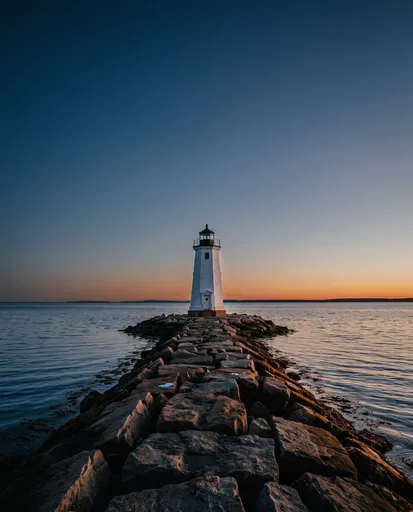 White Lighthouse on Rocky Breakwater at Dawn