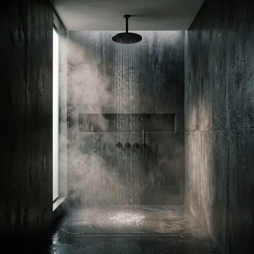 Dark Brutalist Concrete Walk-In Shower With Steam