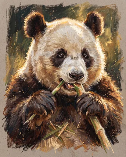 Oil Pastel Drawing of Panda Eating Bamboo