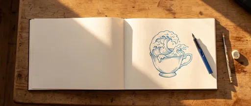 Sketchbook With Blue Ink Wave Teacup Drawing