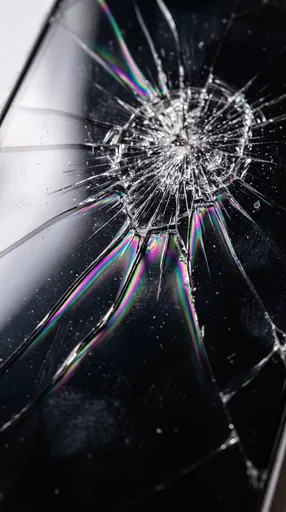 Macro Shattered Smartphone Screen With Rainbow Fringes