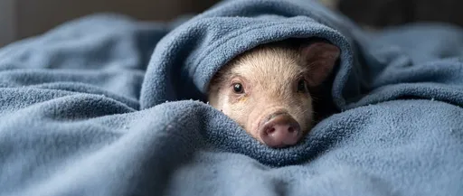 Cute Piglet Peeking Under Blue Blanket