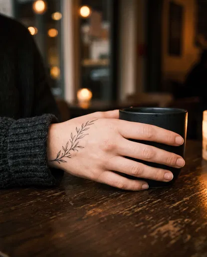 Hand With Botanical Tattoo Holding Black Mug