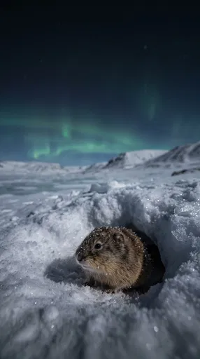 Brown Lemming Emerging From Snow Burrow