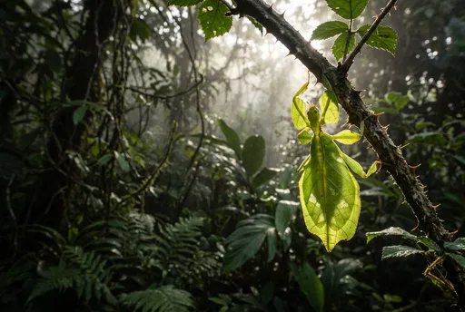 Backlit Leaf Insect in Misty Jungle