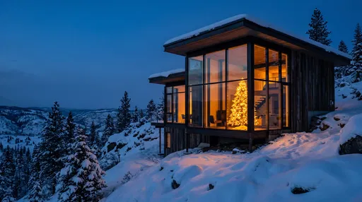 Modern Mountain Cabin With Glowing Christmas Tree