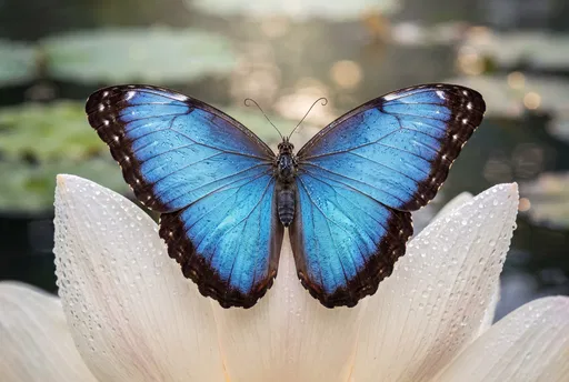 Blue Morpho Butterfly on Dewy Lotus