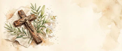 Watercolor Wooden Crucifix with Lilies and Olive Branches