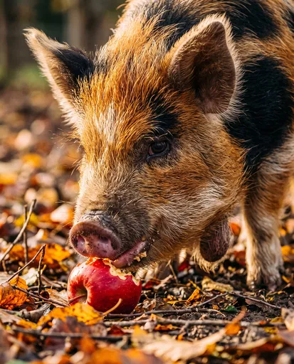 Tri-Colored Piglet Eating Red Apple