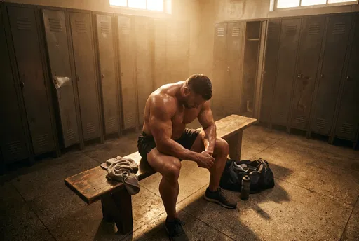 Exhausted Bodybuilder Resting in Locker Room