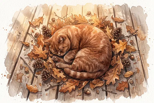 Watercolor Illustration of Sleeping Autumn Cat