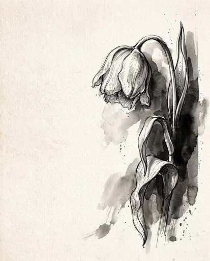 Monochrome Ink and Watercolor Drooping Tulip Sketch